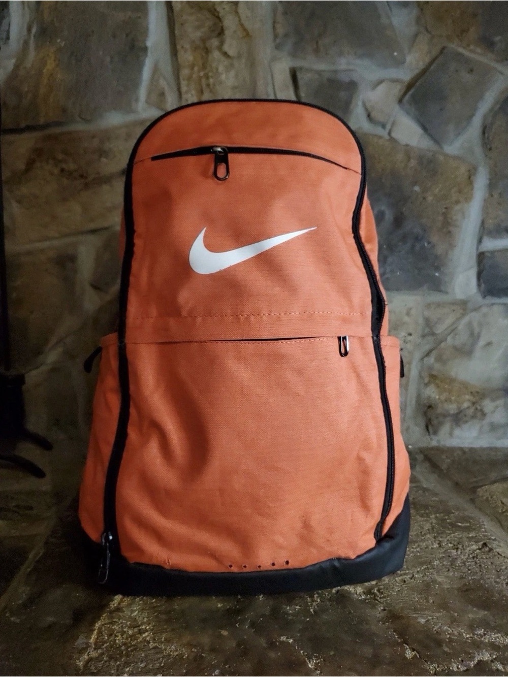 Nike Men's Orange Backpack with White Swoosh and Black Trim